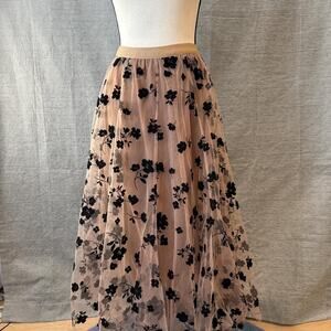 Cream and black floral mesh midi skirt